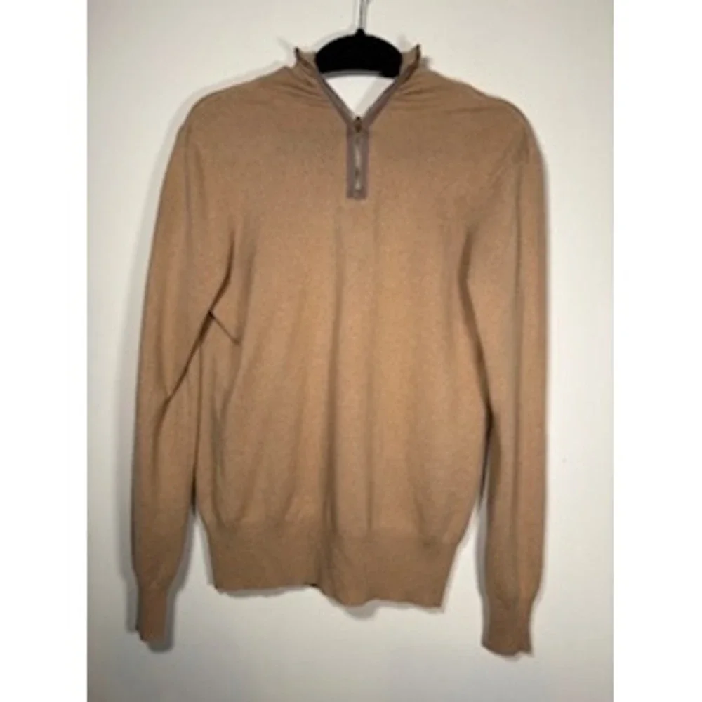 TORY BURCH Cashmere Quarter Zip Sweater S Tan‎ Gold Logo Pull Luxury Knit